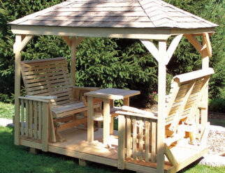 Amish-Built Natural Wood Gazebo Glider Set with Hip Roof, Rollback Seats, and Tabletop