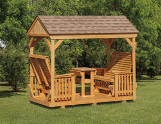 Amish-built wood stained Gazebo Glider Set with A-Frame Roof and rollback seats & tabletop