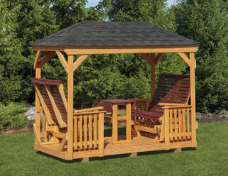 Amish-built wood Gazebo Glider Set with Hip Roof with poly seat slats & table top