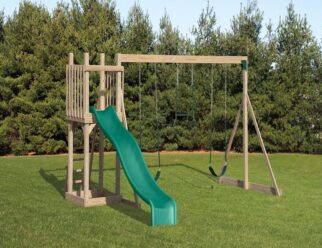 Model 601 - 12'x15' Playset with 3'x3' Tower, 5' High Deck, 3-Position Single Swing Beam, 10' Waterfall Slide, 2 Swings, and Trapeze