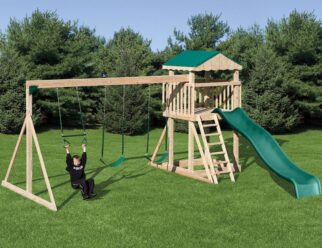 Model 702 - 14'x16' Playset with 4'x4' Tower, 5' Deck, 3-Position Single Swing Beam, 10' Waterfall Slide, 2 Swings, and Trapeze