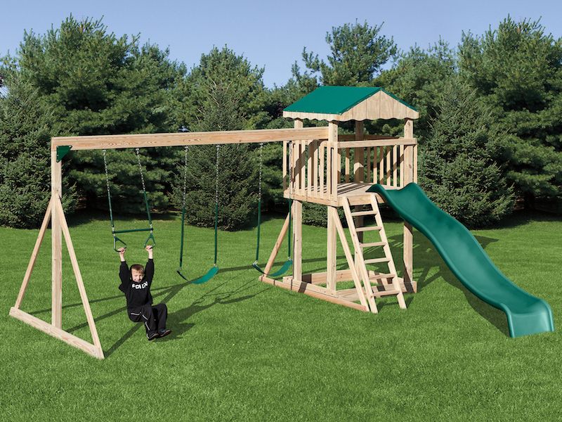 Model 702 - 14'x16' Playset with 4'x4' Tower, 5' Deck, 3-Position Single Swing Beam, 10' Waterfall Slide, 2 Swings, and Trapeze