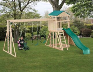 Model 703 - 14'x18' Playset with 4'x4' Tower, 5' Deck, 3-Position Double Swing Beam with Climber Bars, 10' Waterfall Slide, 5' Rock Wall, Exit Ladder, 2 Swings, and Plastic Glider