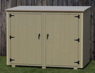 Beige Wooden Trash Can Shed With Black Hardware Around Two Doors