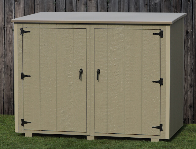Beige Wooden Trash Can Shed With Black Hardware Around Two Doors