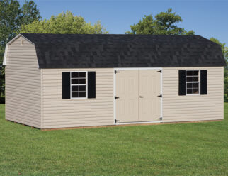 12'x24' - Vinyl Dutch Barn in light tan with two windows and black shutters with double doors