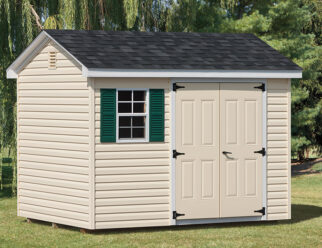 8'x10' Cottage style shed with one window and green shutters