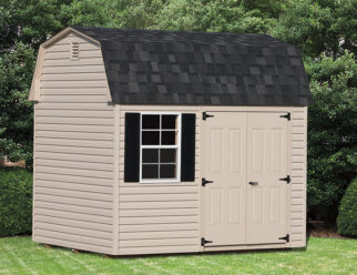 8'x10' - Vinyl Dutch Barn in light tan with one window and black shutters