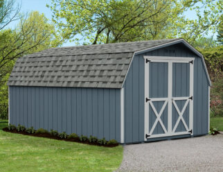 photo of a 10' x 16', Blue T-111 Mini Barn with white details