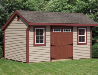 10'x16' Quaker style shed with two windows and rust colored details and doors