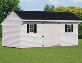 10'x20' Quaker style vinyl shed in white with two windows and black shutters