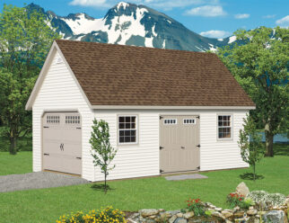 14' x 24' Chalet style shed in front of a mountain scene
