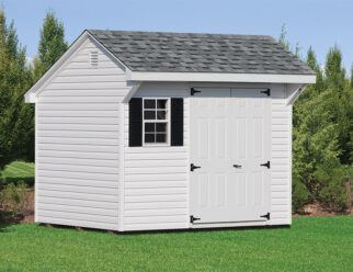 8'x10' Quaker style shed in white with one window and black shutters