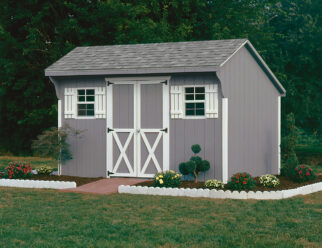 photo of a 8' x 12', Light Gray T-111 Carriage outdoor structure with white detail