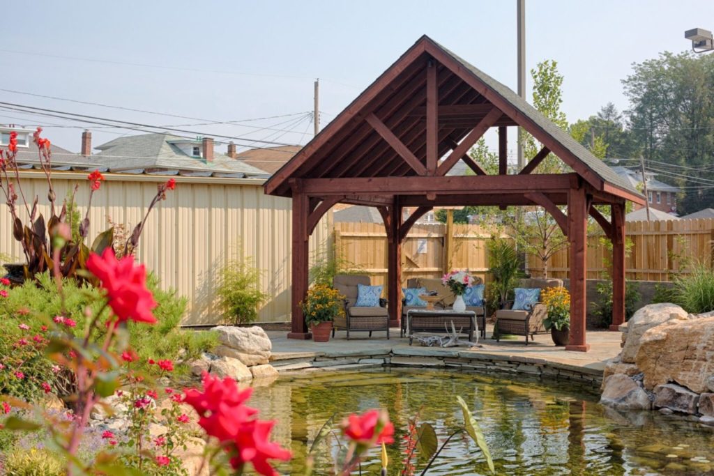 14’ x 14’ Alpine Cedar Wood Pavilion Shown With Mahogany Stain and Asphalt Shingles