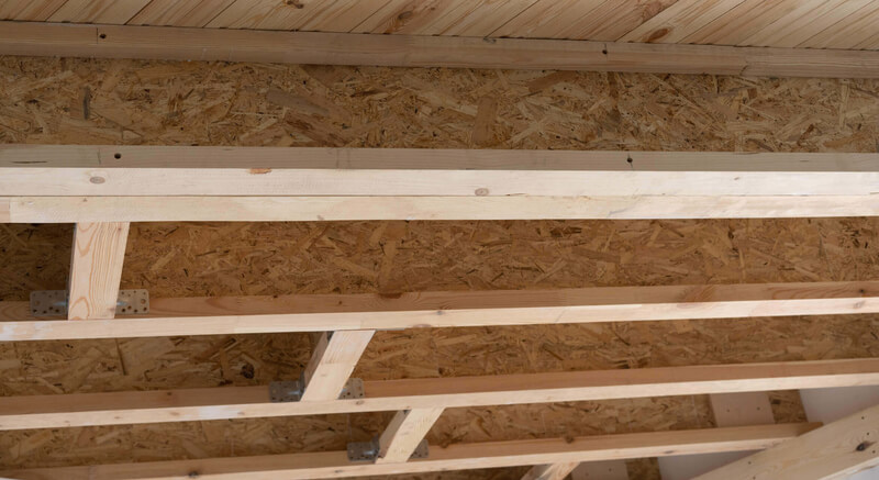 The interior walls of a storage shed