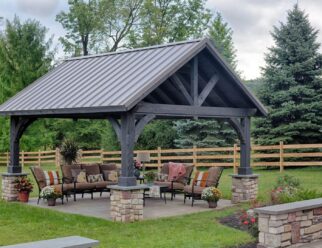 14'x16' Cedar Wood Alpine Style Pavilion With Cinder Stain, Black Metal Roof