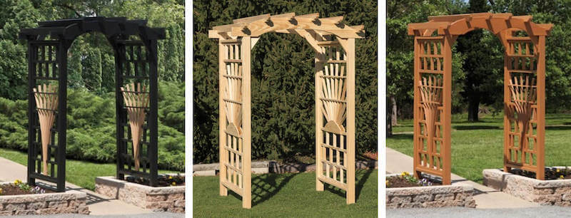 3 garden arbor styles, in black, natural-wood, and stained