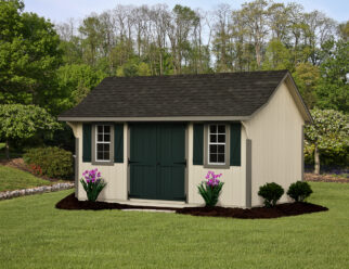 photo of a 12' x 22', Buckskin T-111 Elite Cape style shed with green detail