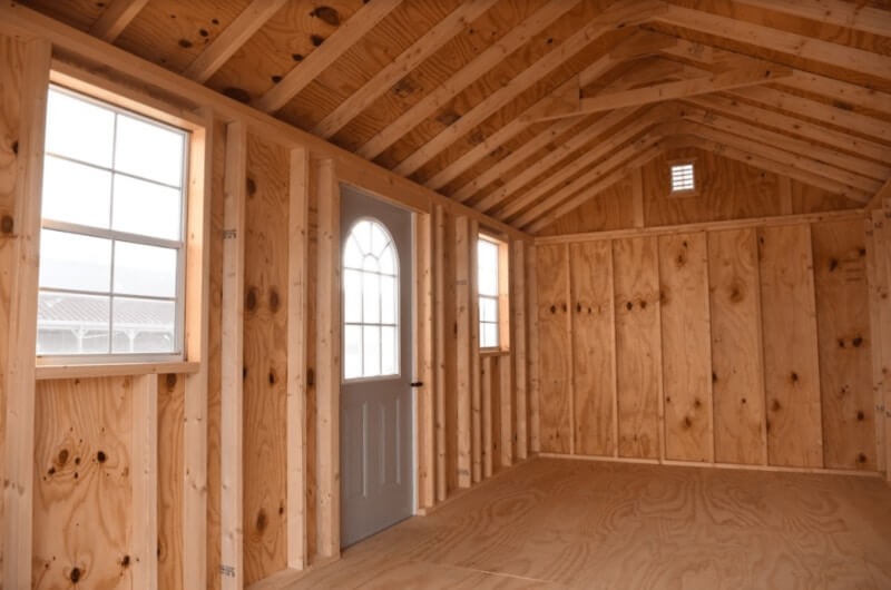 The interior of an empty storage shed