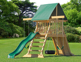 Olympus Space Saver 11’6"x18’ Playset with 4x6 Platform with Tire Swing, Ladder, Hand Grips, 5' Rock Wall, Tarp Roof, 10' Wonder Wave Slide, 2-Position Space Saver Swing Beam, Two Belt Swings, Seat, & (4) Anchors