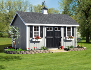 Gray A Frame Elite Shed With Black Doors and Black Shutters And A Black Weathervane On A Roof