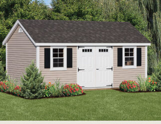 Vinyl Beige Cape Shed With White Doors, Black Shutters, and a Black Shingle Roof