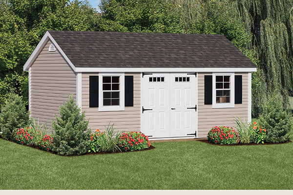 Vinyl Beige Cape Shed With White Doors, Black Shutters, and a Black Shingle Roof