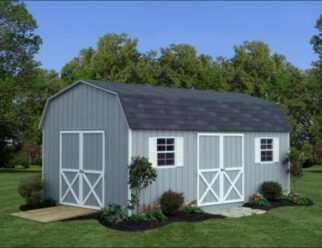 Grey Dutch Barn Shed With White Trim Accent Around Door and White Shutters Around Two Windows