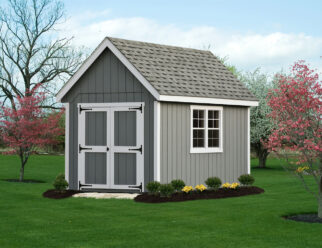 Gray Garden A Frame Shed with White Accents Around Door And Window
