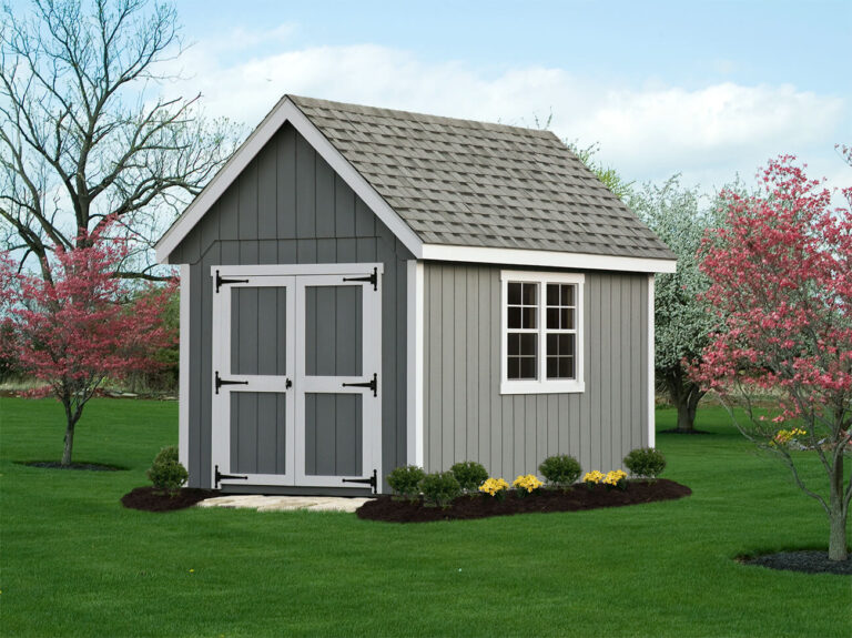 Gray Garden A Frame Shed with White Accents Around Door And Window