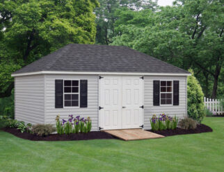 Grey Vinyl Villa Shed With White Door And Two Windows With Black Shutters And A Black Shingle Roof