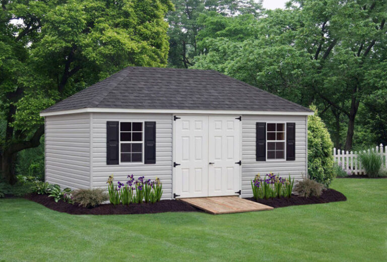 Grey Vinyl Villa Shed With White Door And Two Windows With Black Shutters And A Black Shingle Roof