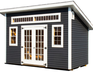 A cozy studio shed featuring dark gray vinyl siding and window and doors with ample lighting