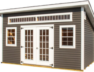 Light gray studio shed with white doors and windows