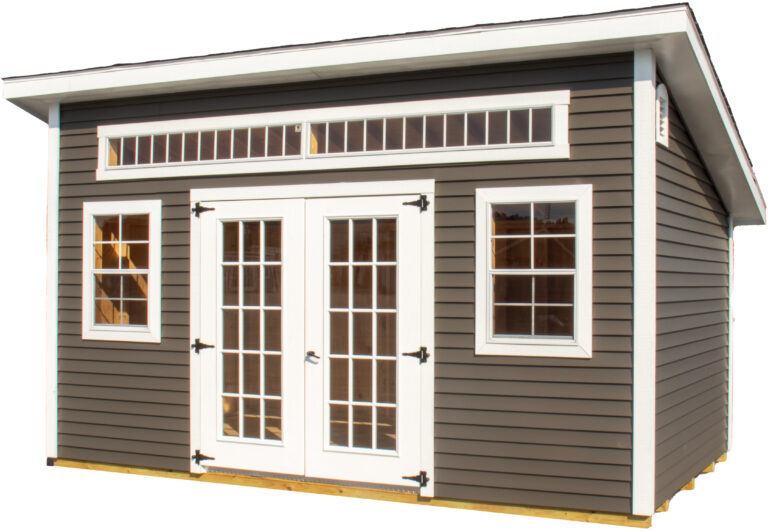 Light gray studio shed with white doors and windows