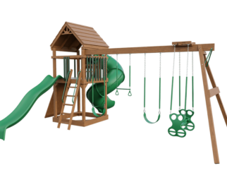 A wooden swing set with green accents. Includes two slides and four swings.