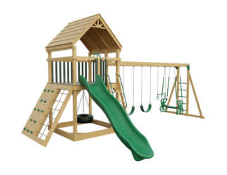 A wooden swing set with green accents. Includes a slide, a tire swing, and four swings.