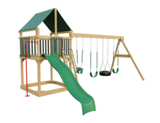 A wooden swing set with green accents. Includes a slide, a red pole, and four swings.