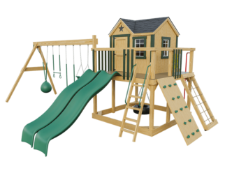 A wooden swing set with green accents. Includes a green slide, two climbing walls, a tire swing, and four other swings.