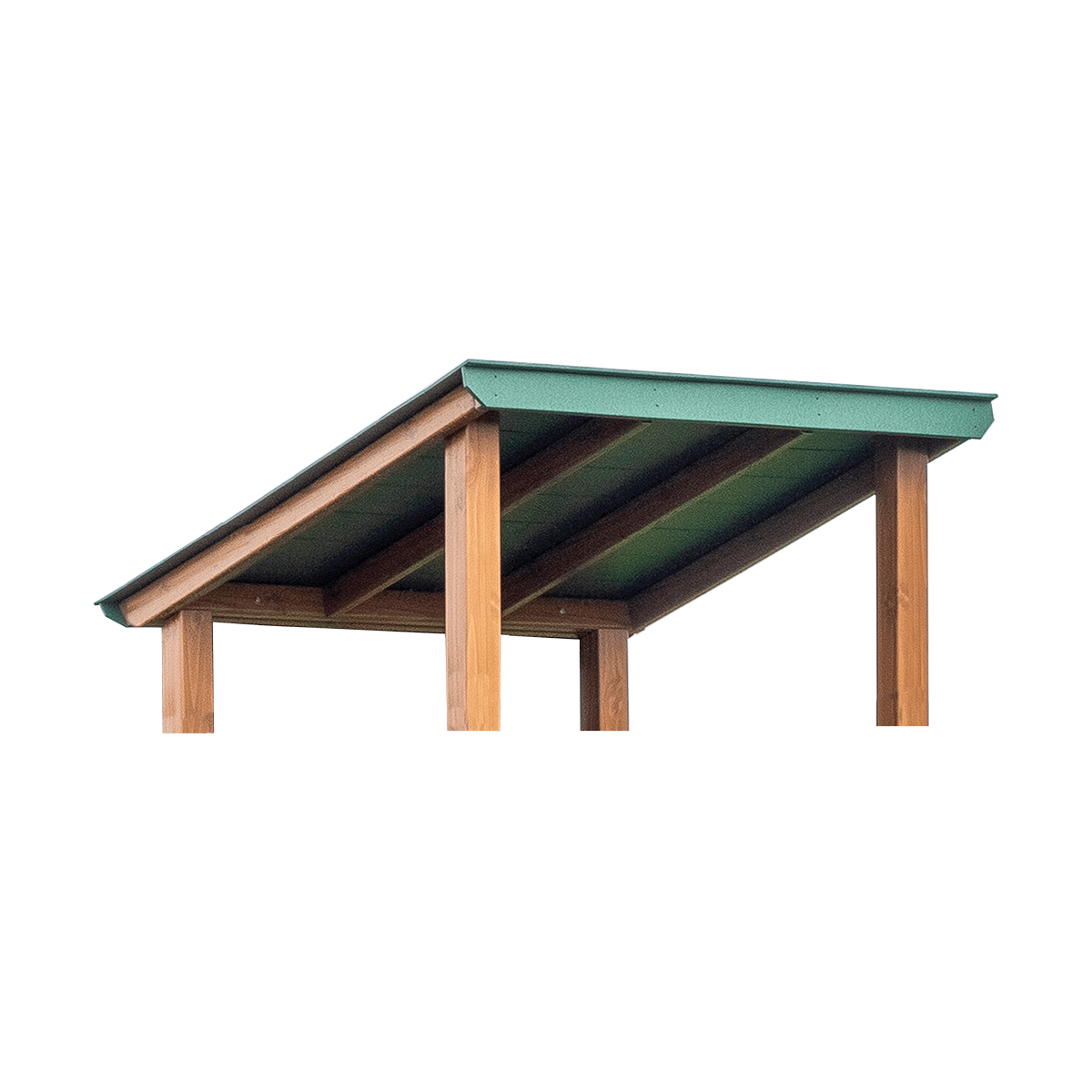 green lean to roof with wooden support beams