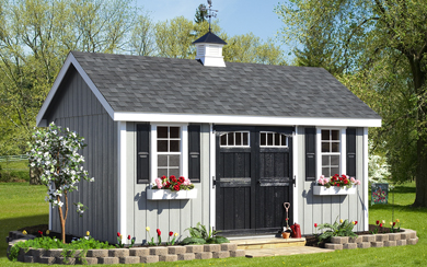 Grey Vinyl Shed With Black Doors, Two Windows With Black Shutters, And A Black Shingle Roof