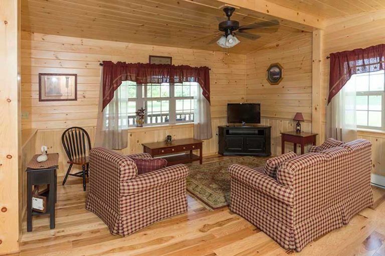 The interior of a log cabin home with two sofas, a small tv, and a coffee table. 