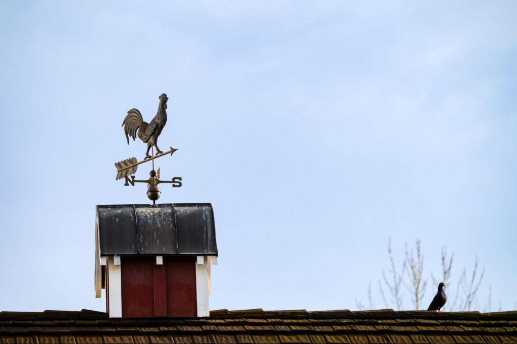 a weathervane sitting on top of a cupola that is pointing southwest. 