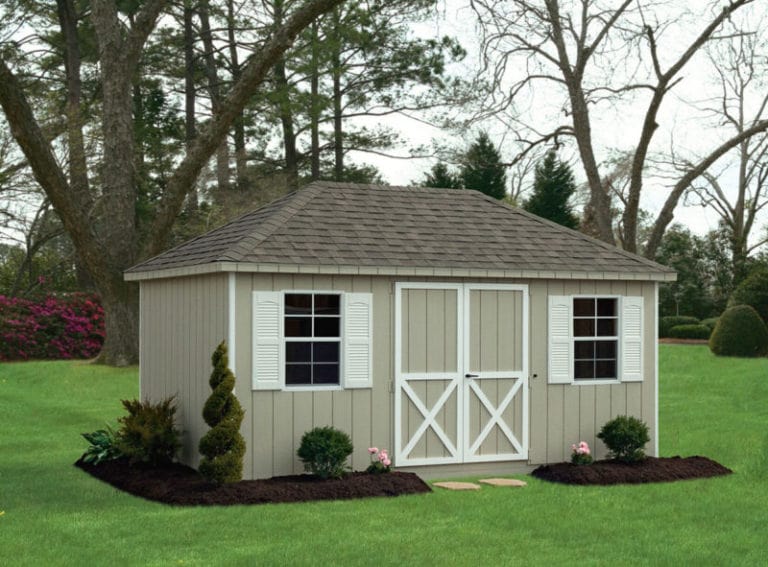 a villa shed style with a small mulch garden in front of each window. 