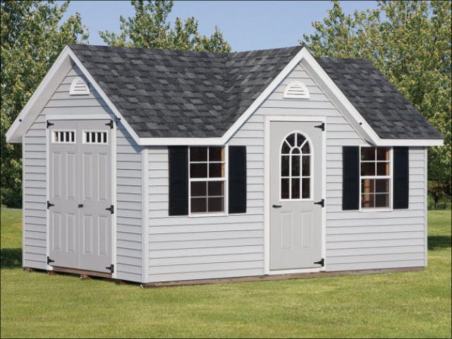 a classic shed style with a double entrance door and two windows. 