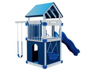 Basecamp Clubhouse swing set with a white frame and blue accents. Includes a blue slide, covered roof, and two swings.