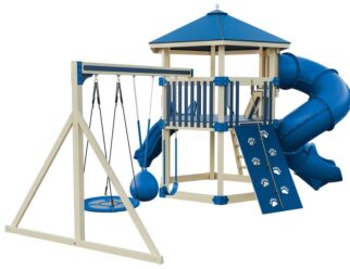 Basecamp Honeycomb swing set with an almond-colored frame and blue accents. Includes a spiral slide, three different styles of swings, a climbing ramp, and a covered roof.