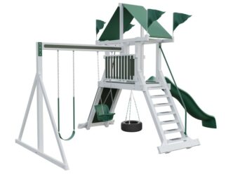 Climber swing set with a white frame and green accents. Includes a green slide, covered roof with flags, and a tire swing.