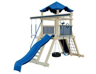Climber swing set with an almond-colored frame and blue accents. Includes a blue slide, covered roof, and tire swing.